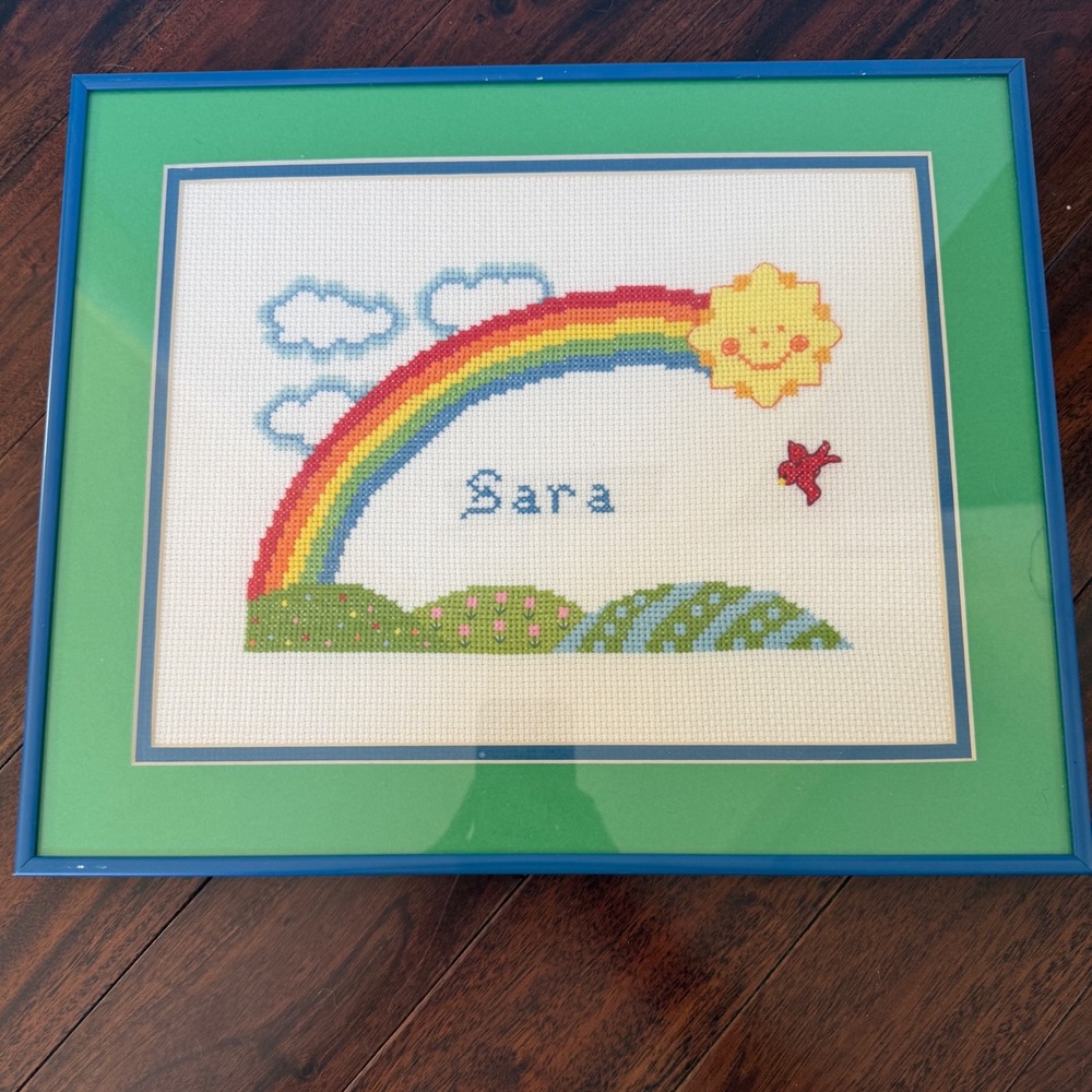 Vintage Sara Rainbow Sun Cross Stitch Needlepoint Framed Fiber Art Kids Decor